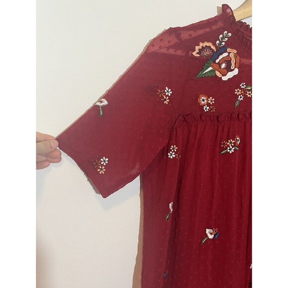 zink London Women Dress Small Size Textured A Line Tiered Red Floral Embroidery - Picture 14 of 16